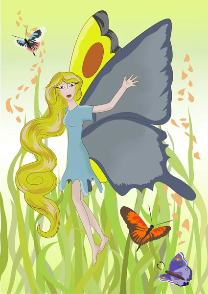 Mädchen Schmetterling Flattert Über Das Gras Umgeben Von Schmetterlingen — Stockvektor