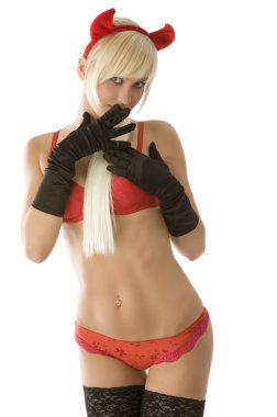 sexy blond girl in red bikini and horns like a demon looking in camera clipart