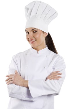 zarif kadın kılığında bir aşçı şapkası ile beyaz artalan