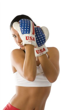 cute girl with boxing gloves keep up the guard on her face clipart