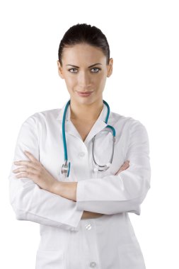 stetoskop tıbbi bir doktor olarak çarpıcı esmer-beyaz elbise