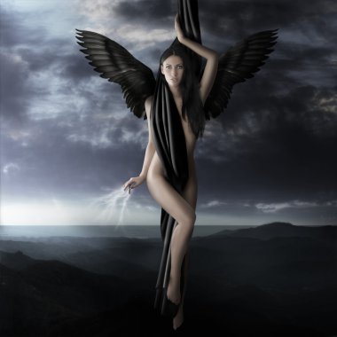 naked black angel flying to heaven in a lightning night sky clipart