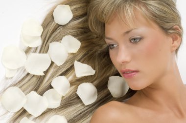 close up of a nice girl with laying hair and some rose petals on clipart