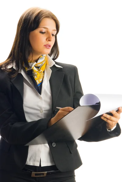 Young Nice Woman Black Tailleur Working Hostess Checking List — Stock Photo, Image