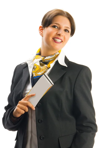 Cute Hostess Black Suit Showing Some Tickets Great Smile — Stock Photo, Image
