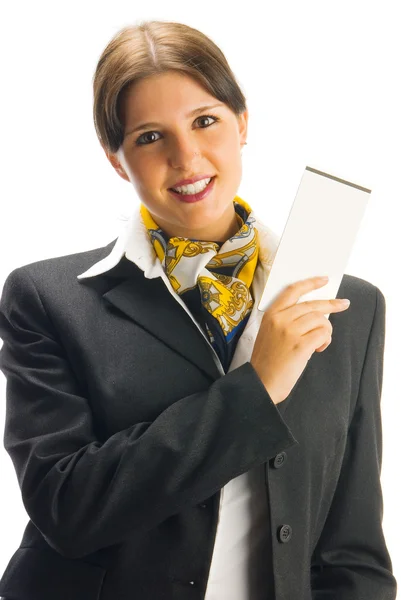 Anfitriã Bonito Terno Preto Mostrando Alguns Bilhetes Com Grande Sorriso — Fotografia de Stock
