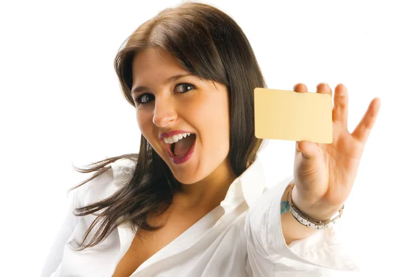 Χαριτωμένο Brunette Δείχνει Κενό Πιστωτική Κάρτα Και Χαμογελαστή Σαν Στη — Φωτογραφία Αρχείου