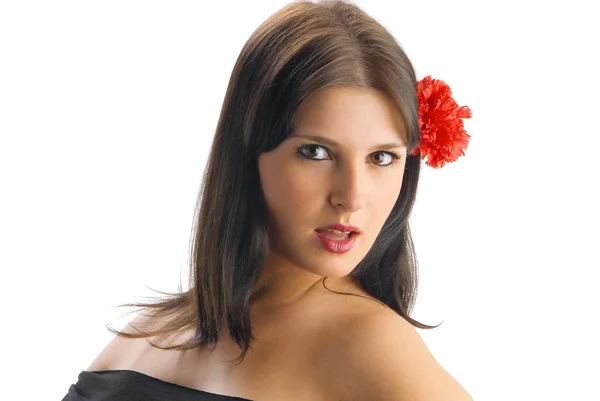 年轻的西班牙和可爱女孩与黑色礼服和红色的康乃馨研究她的头发 — 图库照片