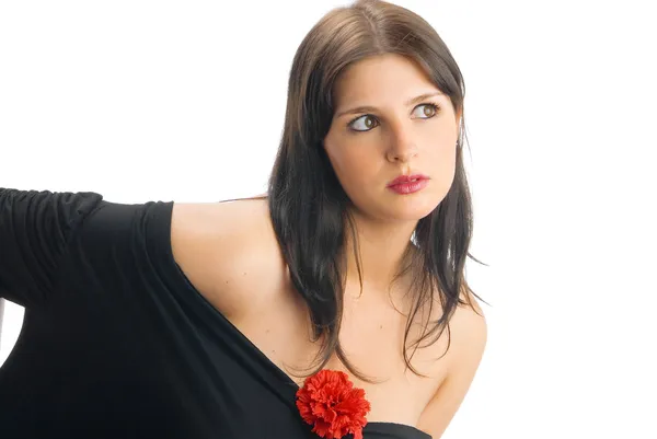 Really Nice Spanish Brunette Black Dress Red Carnation Looking Away — Stock Photo, Image