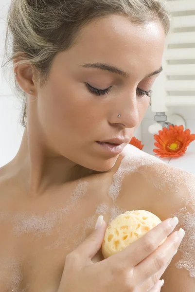 Close Nice Blond Taking Foam Her Body Sponge — Stock Photo, Image