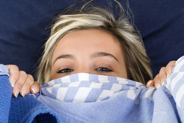 Blond Cute Girl Playing Blue Sheet Her Bed Making Face — Stock Photo, Image