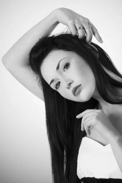 Fashion Shot Cute Asian Woman Wearing Black White Dress — Stock Photo, Image