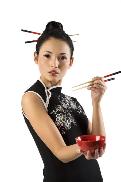Smuk Asiatisk Pige Japanes Kjole Spisepind Viser Rød Kop - Stock-foto