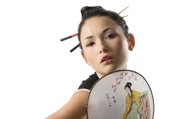Oriental Young Woman Wearing Black Oriental Shirt Japanese Fan Chopstick — Stock Photo, Image