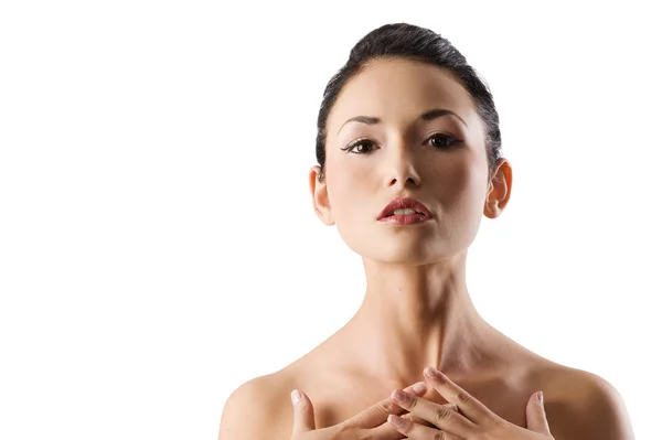Clássico Beleza Retrato Jovem Bonito Asiático Modelo Com Ombro Branco — Fotografia de Stock