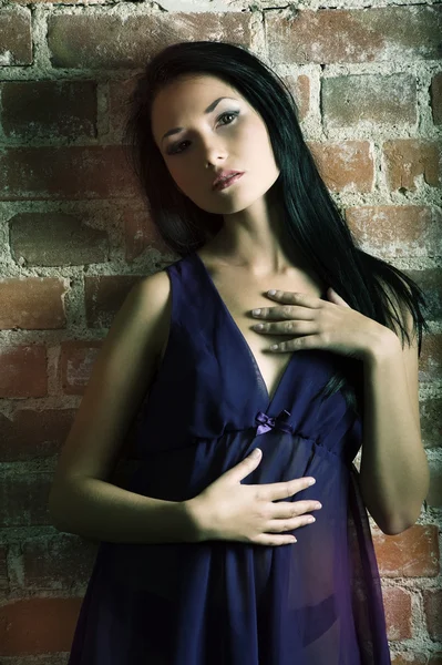 Portrait Stunning Asian Fashion Model Wearing Purple Nightgown Brick Wall — Stock Photo, Image