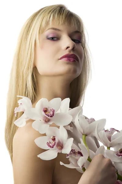 Bonito Retrato Jovem Loira Mulher Com Orquídea Olhando Chapéu Alto — Fotografia de Stock