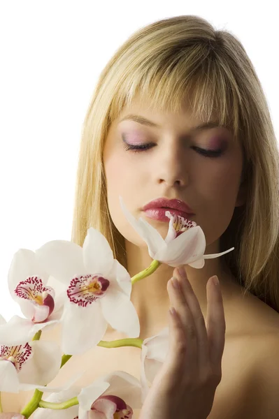Portrait Young Cute Blond Woman Smelling Orchid Closed Eyes — Stock Photo, Image