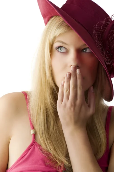 Cute Blond Woman Red Hat Covering Hand Lips Looking Surprised — Stock Photo, Image