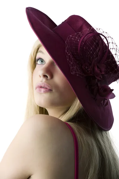 Krásná Blondýnka Red Hat Červený Top Obličejem Úsměvem — Stock fotografie