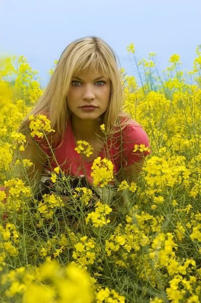 Όμορφη Ξανθιά Κοπέλα Ελκυστική Μάτια Που Φοράει Ροζ Μπλουζάκι Κίτρινο — Φωτογραφία Αρχείου