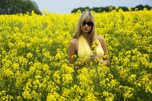 可爱金发少妇户外戴的太阳镜和黄色上衣黄色字段中 — 图库照片
