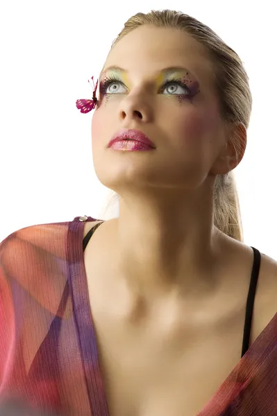Piękne Blond Kobieta Kreatywnych Makijaż Motyl Jej Twarz Patrząc — Zdjęcie stockowe