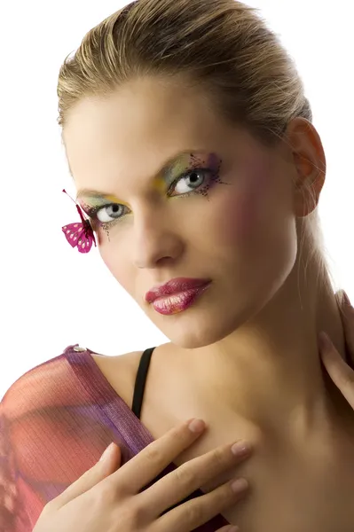 Retrato Belleza Mujer Joven Con Maquillaje Creativo Con Mariposa — Foto de Stock