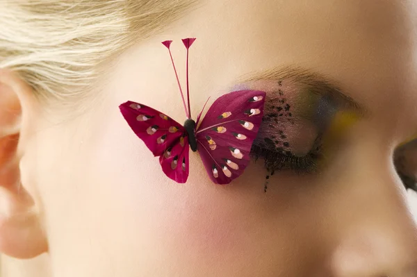 Woman Eyes Close Creative Makeup Red Butterfly — Stock Photo, Image
