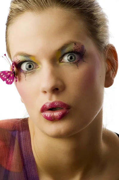 Vacker Kvinna Med Konstnärliga Make Gör Förvånad Över Ansiktet — Stockfoto
