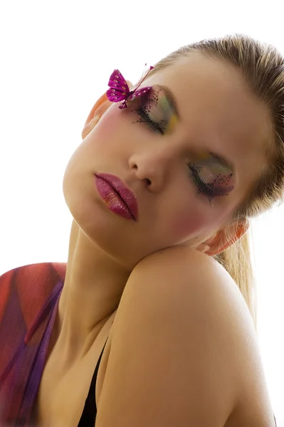 Mulher Loira Bonito Com Maquiagem Artística Com Olhos Fechados Como — Fotografia de Stock