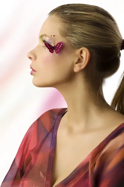 Pretty Sweet Girl Side View Artistic Make Butterfly Face — Stock Fotó