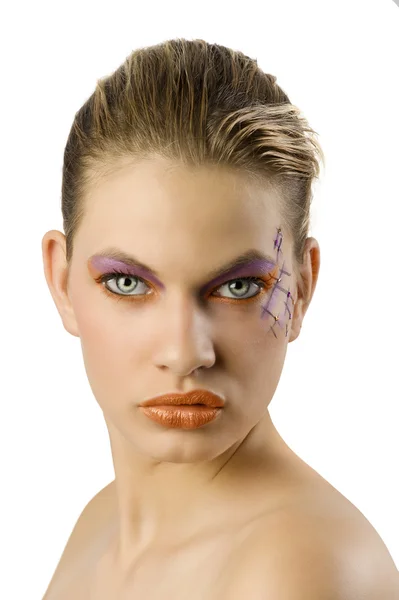 Ελκυστική Ξανθιά Κοπέλα Δημιουργική Σώμα Χρώμα Μακιγιάζ Στο Πρόσωπό Της — Φωτογραφία Αρχείου