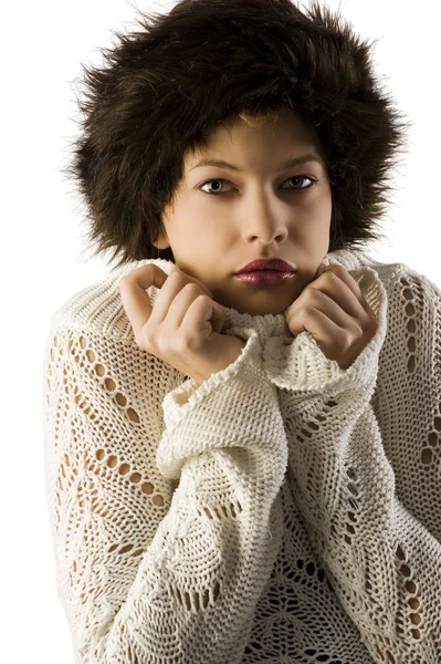 Pretty Young Woman Fur Hat Act Repair Repair Herself Cold — Stock Photo, Image