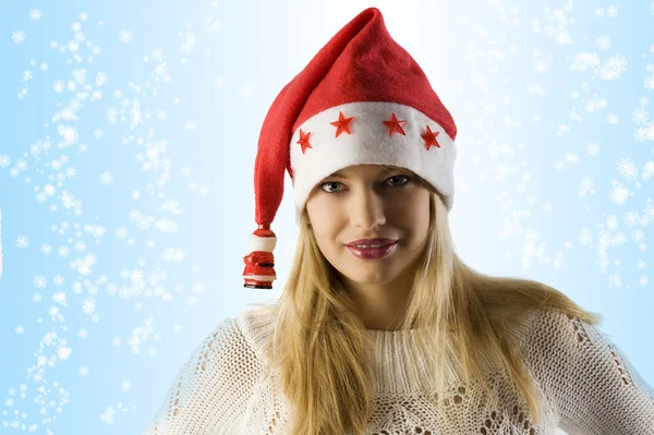 Beauty Blond Woman Christmas Hat Sweater Looking Camera — Stock Fotó
