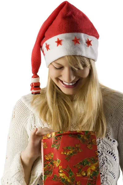 金髪の美しさと女性とのクリスマス帽子 白い背景のセーター — Stockfoto