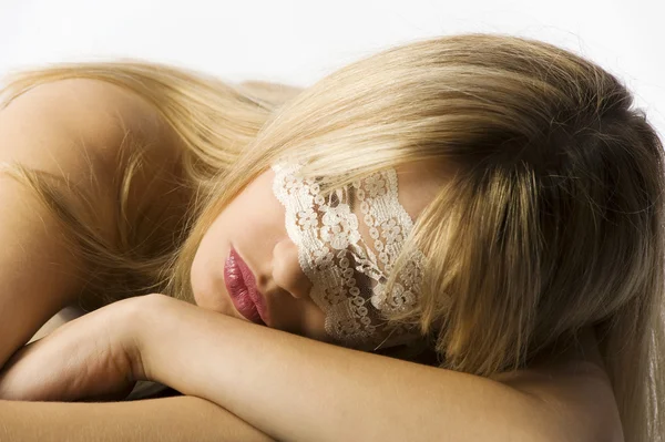 Beautiful Blond Young Woman White Lace Mask — Stock Fotó