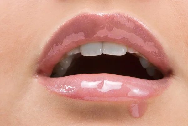 Clse Red Mouth Lipstick Lip Gloss Dropping — Stock Photo, Image