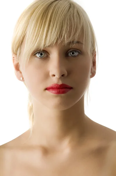 Retrato Jovem Bela Menina Loira Com Lábios Vermelhos Olhos Brilhantes — Fotografia de Stock