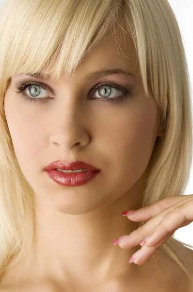 Gros Plan Beauté Blonde Fille Avec Mode Maquillage Couleur — Photo