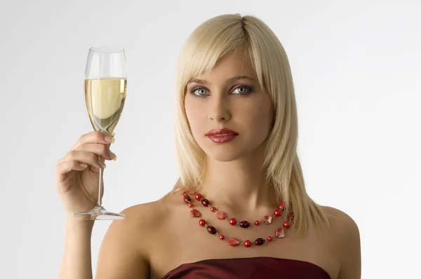 Schattig Blond Met Kop Van Champagne Wet Toast Mode Kleur — Stockfoto
