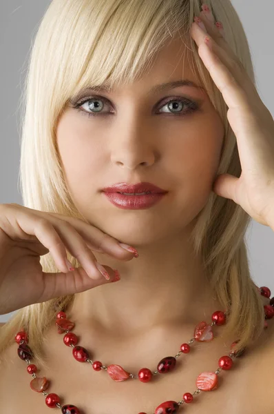 Cute Blond Girl Glamor Make Red Necklace — Stock Photo, Image