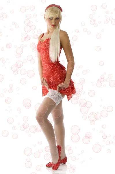 Muito Loiro Pin Vestido Vermelho Meias Brancas Tomando Posição — Fotografia de Stock