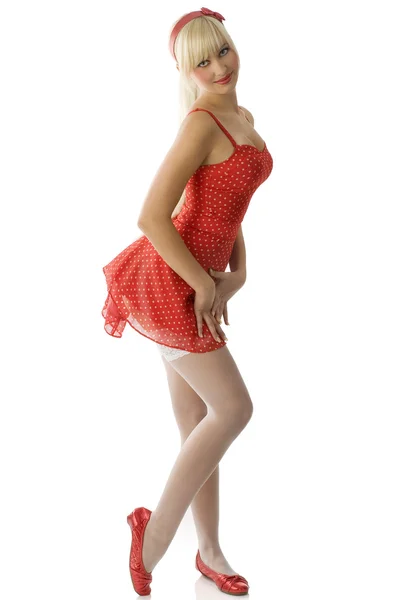 Pretty Blond Pin Red Dress White Stockings Taking Pose — Stock Photo, Image