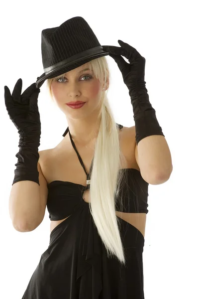 Schattig Portret Van Mooie Blonde Meisje Met Zwarte Handschoenen Hoed — Stockfoto