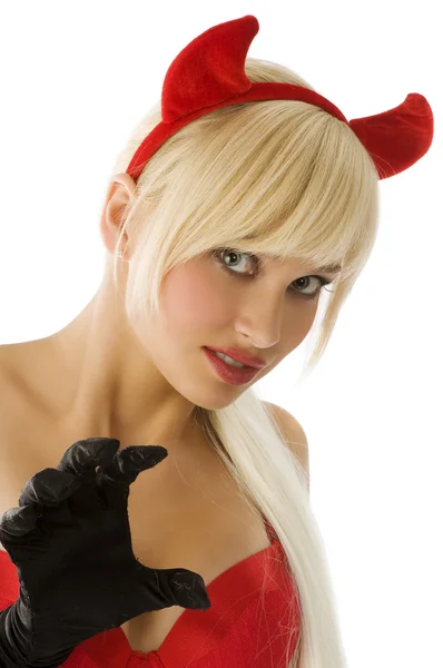 Close Portrait Sexy Blond Demon Red Horns Black Gloves — Stock Photo, Image