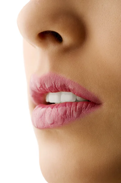 Close Woman Wet Lips Pink Lipstick — Stock Fotó