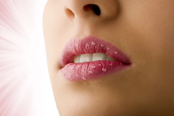 Close Woman Mouth Pink Lipstick Water Drops Her Lips — Stock Photo, Image