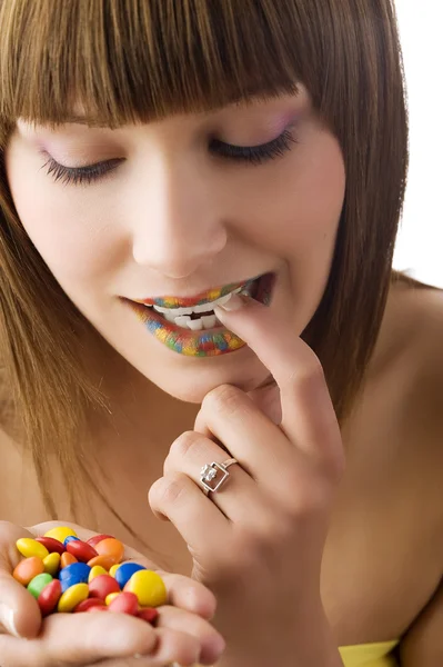 Young Pretty Girl Colored Smarties Hand Multi Color Lips — Stock Fotó