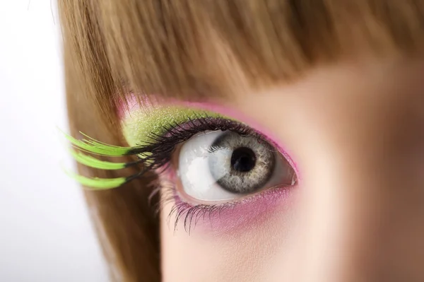 Olho Lloking Câmera Com Maquiagem Colorida Pestanas Longas — Fotografia de Stock